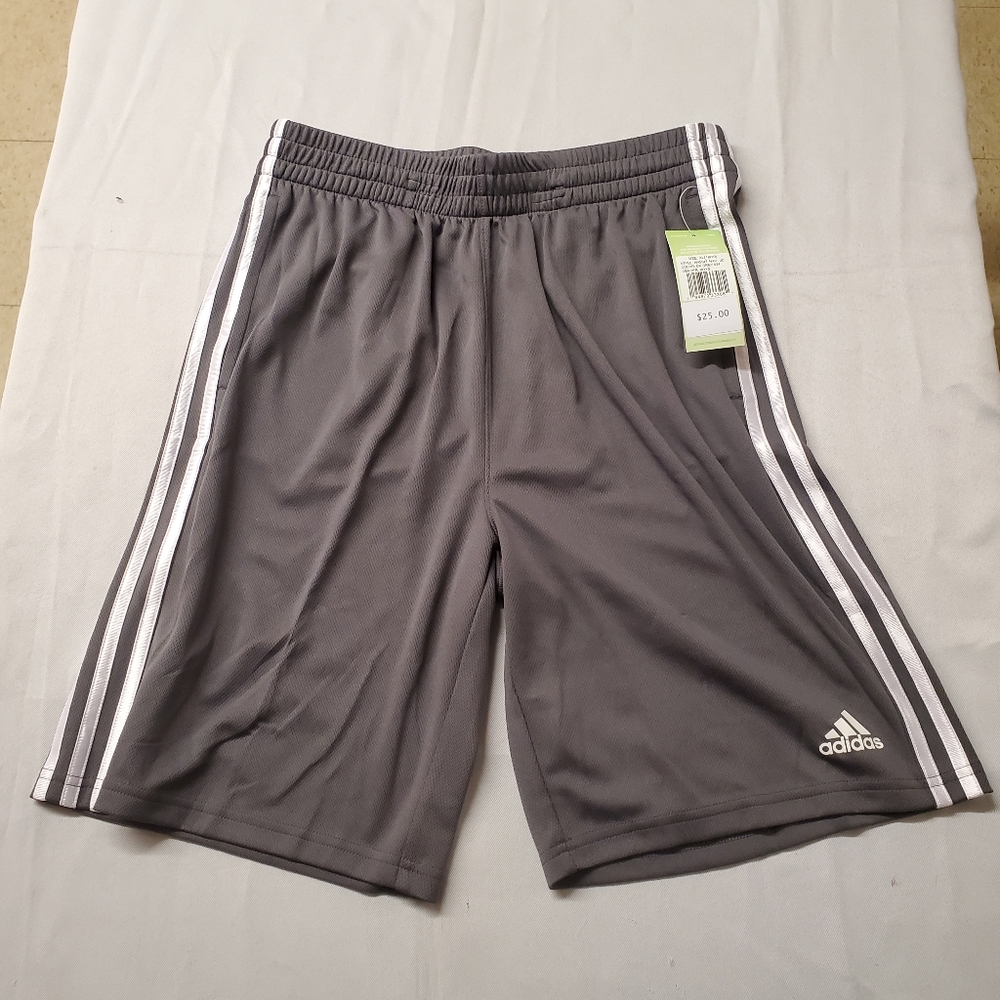 Adidas Boys Classic Shorts 3-Stripe Elastic Waist Drawstring Size XL Gray